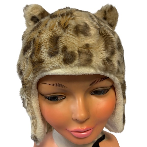 Faux fur animal print ear flaps ears tan cream fleece lined  hat cap - Picture 2 of 8